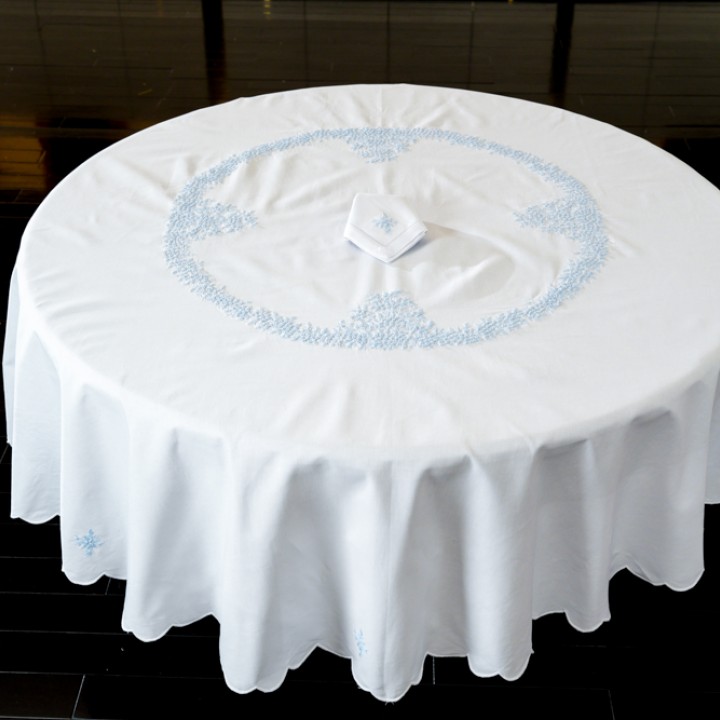 Round table cloth- Blue baby-mimosa flower embroidery (230cm)